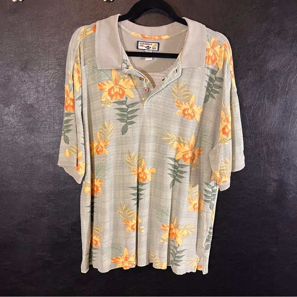 Caribbean Joe Sage Green Hawaiian Floral Polo‎ Size Large